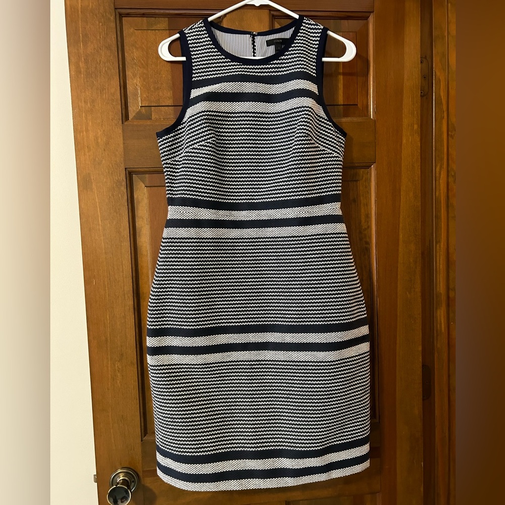 J. Crew Sleeveless Shift Dress Blue White Striped Tweed Blue Trim Dress